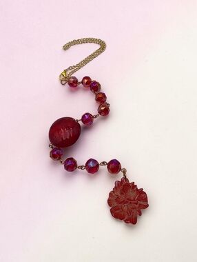 Red Beaded Car Charm with Floral Pendant – Handmade Suncatcher Rearview Mirror